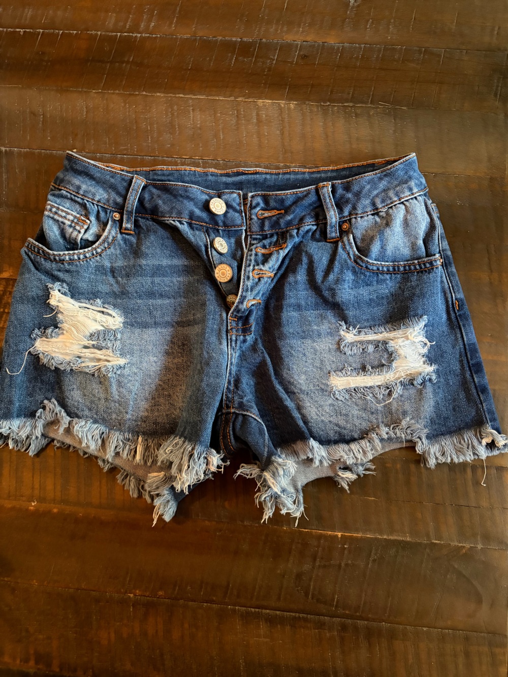 High-Rise Distressed Denim Cutoff Shorts - Dark Blue